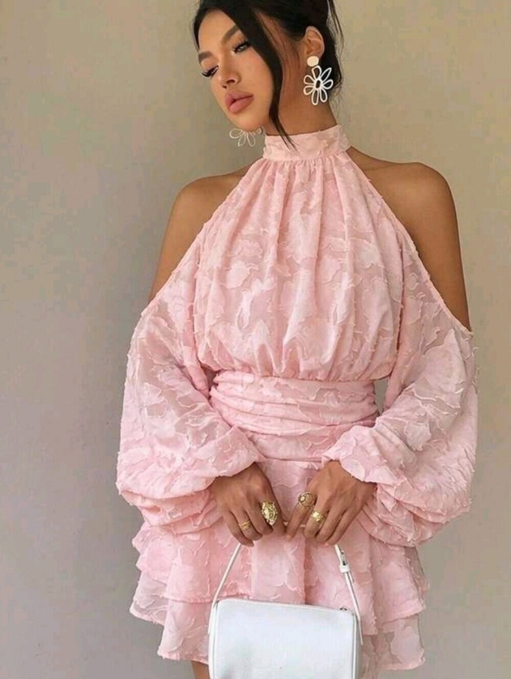 Pink Autumn Long Sleeve Off-Shoulder Dress Small Stand Collar Casual Roma